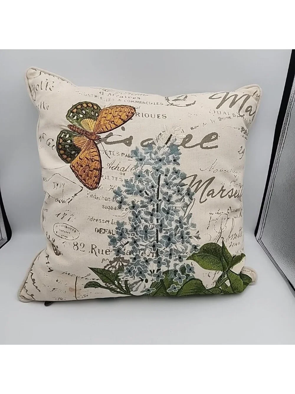 Pier 1 Throw Pillow Butterfly Flower Embroidered Tan, Brown , Green 16
